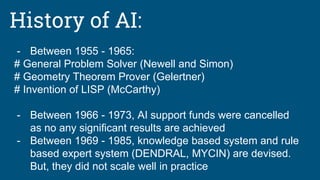 History of AI:
- Between 1955 - 1965:
# General Problem Solver (Newell and Simon)
# Geometry Theorem Prover (Gelertner)
# Invention of LISP (McCarthy)
- Between 1966 - 1973, AI support funds were cancelled
as no any significant results are achieved
- Between 1969 - 1985, knowledge based system and rule
based expert system (DENDRAL, MYCIN) are devised.
But, they did not scale well in practice
 