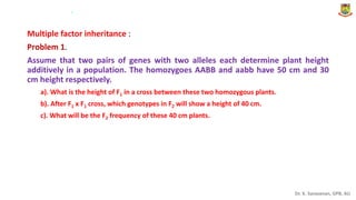 Dr. K. Saravanan, GPB, AU
Multiple factor inheritance :
Problem 1.
Assume that two pairs of genes with two alleles each determine plant height
additively in a population. The homozygoes AABB and aabb have 50 cm and 30
cm height respectively.
a). What is the height of F1 in a cross between these two homozygous plants.
b). After F1 x F1 cross, which genotypes in F2 will show a height of 40 cm.
c). What will be the F2 frequency of these 40 cm plants.
.
 