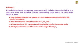 Dr. K. Saravanan, GPB, AU
Problem 2.
Three independently segregating genes each with 2 alleles determine height in a
particular plant. The presence of each contributing allele adds 2 cm to he base
height of 2 cm.
a). Give the height expected in F1 progeny of a cross between dominant homozygote and
recessive homozygote.
b). Give the distribution of height expected in a F1 x F1 cross.
c). What proportion of this F2 progeny would have heights equal to the parental stocks.
d). What proportion of F2 would breed true for the height shown by F1.
.
 
