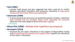 Dr. K. Saravanan, GPB, AU
• Yule (1906) –
• consider both groups and give suggested that there need be no conflict
between particulate inheritance and continuous inheritance if many genes
having small and similar effects were postulated.
• Johannsen (1909)
• In demonstrating the occurrence of quantitative genetic variation, stated that
both heritable and non heritable factors were responsible for variations
observed in the seed weight of beans (Phaseolus vulgaris).
• P = G + E
• Nilson-Ehle (1909) – Multiple factor hypothesis was proposed.
• Devanport (1913)
• Analysed the skin colour inheritance in the progeny of Negro-White mating
and concluded that the hypothesis of multiple factors explains the inheritance
of skin colour in Mulattoes.
.
 