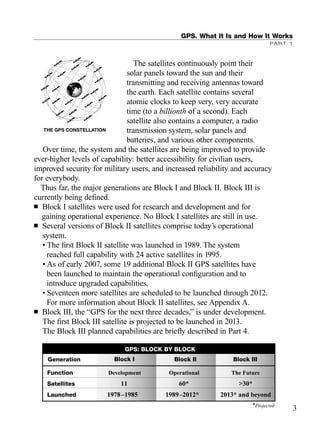 GPS. What It Is and How It Works
PART 1
The satellites continuously point their
solar panels toward the sun and their
transmitting and receiving antennas toward
the earth. Each satellite contains several
atomic clocks to keep very, very accurate
time (to a billionth of a second). Each
satellite also contains a computer, a radio
transmission system, solar panels and
batteries, and various other components.
Over time, the system and the satellites are being improved to provide
ever-higher levels of capability: better accessibility for civilian users,
improved security for military users, and increased reliability and accuracy
for everybody.
Thus far, the major generations are Block I and Block II. Block III is
currently being deﬁned.
■ Block I satellites were used for research and development and for
gaining operational experience. No Block I satellites are still in use.
■ Several versions of Block II satellites comprise today’s operational
system.
• The ﬁrst Block II satellite was launched in 1989. The system
reached full capability with 24 active satellites in 1995.
• As of early 2007, some 19 additional Block II GPS satellites have
been launched to maintain the operational conﬁguration and to
introduce upgraded capabilities.
• Seventeen more satellites are scheduled to be launched through 2012.
For more information about Block II satellites, see Appendix A.
■ Block III, the “GPS for the next three decades,” is under development.
The ﬁrst Block III satellite is projected to be launched in 2013.
The Block III planned capabilities are brieﬂy described in Part 4.
Function Development Operational The Future
Satellites 11 60* >30*
Launched 1978–1985 1989–2012* 2013* and beyond
*Projected
Generation Block I Block II Block III
GPS: BLOCK BY BLOCK
THE GPS CONSTELLATION
3
TRIMB_PRINT11_29_07.qxd 11/29/07 2:04 PM Page 11 (Black plate)
 