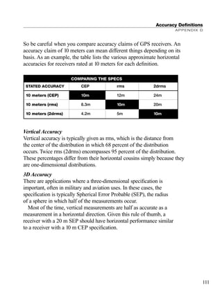 So be careful when you compare accuracy claims of GPS receivers. An
accuracy claim of 10 meters can mean different things depending on its
basis. As an example, the table lists the various approximate horizontal
accuracies for receivers rated at 10 meters for each deﬁnition.
Vertical Accuracy
Vertical accuracy is typically given as rms, which is the distance from
the center of the distribution in which 68 percent of the distribution
occurs. Twice rms (2drms) encompasses 95 percent of the distribution.
These percentages differ from their horizontal cousins simply because they
are one-dimensional distributions.
3D Accuracy
There are applications where a three-dimensional speciﬁcation is
important, often in military and aviation uses. In these cases, the
speciﬁcation is typically Spherical Error Probable (SEP), the radius
of a sphere in which half of the measurements occur.
Most of the time, vertical measurements are half as accurate as a
measurement in a horizontal direction. Given this rule of thumb, a
receiver with a 20 m SEP should have horizontal performance similar
to a receiver with a 10 m CEP speciﬁcation.
Accuracy Deﬁnitions
APPENDIX D
111
STATED ACCURACY CEP rms 2drms
10 meters (CEP) 10m 12m 24m
10 meters (rms) 8.3m 10m 20m
10 meters (2drms) 4.2m 5m 10m
COMPARING THE SPECS
TRIMB_PRINT11_29_07.qxd 11/29/07 2:05 PM Page 119 (Black plate)
 