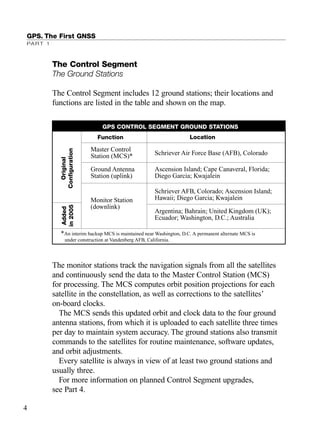The Control Segment
The Ground Stations
The Control Segment includes 12 ground stations; their locations and
functions are listed in the table and shown on the map.
The monitor stations track the navigation signals from all the satellites
and continuously send the data to the Master Control Station (MCS)
for processing. The MCS computes orbit position projections for each
satellite in the constellation, as well as corrections to the satellites’
on-board clocks.
The MCS sends this updated orbit and clock data to the four ground
antenna stations, from which it is uploaded to each satellite three times
per day to maintain system accuracy. The ground stations also transmit
commands to the satellites for routine maintenance, software updates,
and orbit adjustments.
Every satellite is always in view of at least two ground stations and
usually three.
For more information on planned Control Segment upgrades,
see Part 4.
GPS. The First GNSS
PART 1
Function
*An interim backup MCS is maintained near Washington, D.C. A permanent alternate MCS is
under construction at Vandenberg AFB, California.
Original
Configuration
Added
in2005
Master Control
Station (MCS)*
Ground Antenna
Station (uplink)
Monitor Station
(downlink)
GPS CONTROL SEGMENT GROUND STATIONS
Schriever Air Force Base (AFB), Colorado
Ascension Island; Cape Canaveral, Florida;
Diego Garcia; Kwajalein
Schriever AFB, Colorado; Ascension Island;
Hawaii; Diego Garcia; Kwajalein
Argentina; Bahrain; United Kingdom (UK);
Ecuador; Washington, D.C.; Australia
Location
4
TRIMB_PRINT11_29_07.qxd 11/29/07 2:04 PM Page 12 (Black plate)
 