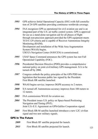 1993 GPS achieves Initial Operational Capacity (IOC) with full constella-
tion of 24 GPS satellites providing continuous worldwide coverage.
1994 FAA recognizes GPS as operational for civil aviation use and is an
integrated part of the U.S. air traffic control system. GPS is approved
for use as a stand-alone navigation aid for all phases of flight
through non-precision approach provided the GPS equipment meets
TCO C129 criteria and is capable of Receiver Autonomous Integrity
Monitoring (RAIM).
Development and installation of the Wide Area Augmentation
System (WAAS) begins.
USCG’s Navigation Center (NAVCEN) is commissioned.
1995 USAF Space Command announces the GPS system has met Full
Operational Capability (FOC).
1996 Presidential Decision Directive (PDD) provides a comprehensive
national policy on joint civil/military GPS management. S/A to be
turned off by 2006.
1997 Congress embeds the policy principles of the GPS PDD into
legislation that becomes public law signed by the President.
First Block IIR satellite launched.
1998 WAAS begins service; improves DGPS accuracy to 2 meters.
2000 S/A turned off. Autonomous accuracy improves from 100 meters to
12 meters.
2003 FAA commissions WAAS for aviation use.
2004 The President issues U.S. policy on Space-based Positioning
Navigation and Timing (PNT).
Joint U.S.-E.U. Agreement on GPS-Galileo Cooperation signed.
2005 First Block IIR-M satellite launched introduces a new L2C civilian
signal and two new military signals.
GPS In The Future
2009 First Block IIF satellite projected for launch.
2013 First Block III satellite projected for launch.
The History of GPS in Three Pages
123
 
