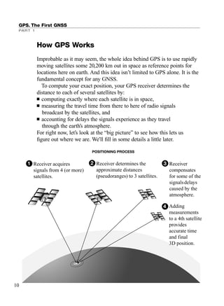 GPS. The First GNSS
PART 1
How GPS Works
Improbable as it may seem, the whole idea behind GPS is to use rapidly
moving satellites some 20,200 km out in space as reference points for
locations here on earth. And this idea isn’t limited to GPS alone. It is the
fundamental concept for any GNSS.
To compute your exact position, your GPS receiver determines the
distance to each of several satellites by:
■ computing exactly where each satellite is in space,
■ measuring the travel time from there to here of radio signals
broadcast by the satellites, and
■ accounting for delays the signals experience as they travel
through the earth’s atmosphere.
For right now, let’s look at the “big picture” to see how this lets us
ﬁgure out where we are. We’ll ﬁll in some details a little later.
Receiver acquires
signals from 4 (or more)
satellites.
1 Receiver determines the
approximate distances
(pseudoranges) to 3 satellites.
2 Receiver
compensates
for some of the
signalsí delays
caused by the
atmosphere.
3
Adding
measurements
to a 4th satellite
provides
accurate time
and final
3D position.
4
POSITIONING PROCESS
10
TRIMB_PRINT11_29_07.qxd 11/29/07 2:04 PM Page 18 (Black plate)
 