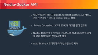 © 2018, Amazon Web Services, Inc. or its Affiliates. All rights reserved.
Nvidia-Docker AMI
‣ 필요한 딥러닝 패키지들(cuda, tensorrt, opencv...)과 서비스
준비된 프로덕션 코드로 Docker 이미지 생성
‣ Private Dockerhub ( AWS ECR )에 태그를 달아 업로드
‣ Nvidia-docker가 설치된 p3 인스턴스로 해당 Docker 이미지
를 받아 실행시키는 AWS AMI 생성
‣ Auto Scaling - 트래픽에 따라 인스턴스 수 제어
 