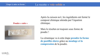 Poudre « cuite »
La recette « voie solide »
Etape 4, mise en forme
Après la cuisson no1, les ingrédients ont formé le
composé chimique attendu par l’équation
chimique.
Mais le résultat est toujours sous forme de
poudre !
La céramique va à cette étape prendre la forme
de pastilles dures grâce au moulage et la
compression de la poudre.
 