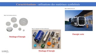 Stockage d’énergie
https://media.toyota.ca/fr
https://www.murata.com/en-eu
https://fr.wikipedia.org/wiki/Condensateur
Stockage d’énergie
Energie verte
Caractérisations : utilisations des matériaux synthétisés
 