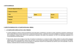 I. DATOS GENERALES:
 Dirección Regional de Educación
 Institución Educativa
 Ciclo Grado: Sección:
 Modalidad Presencial Turno:
 Directora
 Docente
II. ASPECTOS GENERALES DE LA PLANIFICACIÓN ANUAL HÍBRIDA:
1. LA PLANIFICACIÓN CURRICULAR EN EL NIVEL PRIMARIO:
 La práctica pedagógica se organiza a través de la planificación anual (a largo plazo) y la planificación a corto plazo. En ambas, organizamos, proyectamos y planteamos por
escrito nuestras intenciones y acciones educativas para un determinado periodo de tiempo. La planificación de la práctica pedagógica se fundamenta en el reconocimiento
de las necesidades e intereses de los niños, de sus características de desarrollo y del contexto al que pertenecen, así como en los aprendizajes establecidos en el
Currículo Nacional de la Educación Básica.
 Todos los años, antes de iniciar el trabajo con los niños, los docentes nos involucramos en un proceso de revisión, análisis y reflexión de nuestra práctica pedagógica
realizada el año anterior (lo que aprendieron nuestros niños, qué hicieron y cómo lo hicieron) para organizar el trabajo que realizaremos en el año desde una visión flexible,
abierta y dinámica. En la planificación anual, se pone el énfasis en la organización temporal de las competencias que queremos que los niños desarrollen (a manera de
hipótesis), considerando todos los momentos de la jornada pedagógica.
 