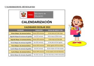 V. CALENDARIZACIÓN DEL AÑO ESCOLAR 2022:
CALENDARIZACIÓN
CALENDARIO ESCOLAR 2022
BLOQUES DURACIÓN FECHA DE INICIO Y FIN
Primer bloque de semanas lectivas Nueve (09) semanas 14 de marzo al 13 de mayo
Segundo bloque de semanas de gestión Una (01) semana 16 de mayo al 20 de mayo
Segundo bloque de semanas lectivas Nueve (09) semanas 23 de mayo al 22 de julio
Tercer bloque de semanas de gestión Dos (02) semanas 25 de julio al 05 de agosto
Tercer bloque de semanas lectivas Nueve (09) semanas 08 de agosto al 07 de octubre
Cuarto bloque de semanas de gestión Una (01) semana 10 de octubre al 14 de octubre
Cuarto bloque de semanas lectivas Nueve (09) semanas 17 de octubre al 16 de diciembre
Quinto bloque de semanas de gestión Dos (02) semanas 19 de diciembre al 30 de diciembre
 
