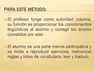 PARA ESTE MÉTODO:

   El profesor funge como autoridad máxima,
    su función es proporcionar los conocimientos
    lingüísticos al alumno y corregir los errores
    cometidos por este.

   El alumno es una parte menos participativa y
    se limita a reproducir ejercicios, memorizar
    reglas y listas de vocabulario, leer y traducir.
 