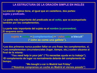 LA ESTRUCTURA DE LA ORACIÓN SIMPLE EN INGLÉS La oración inglesa tiene, al igual que en castellano, dos partes:  sujeto y predicado. La parte más importante del predicado es el  verbo , que va acompañado también por los complementos.  La parte más importante del sujeto es el  nombre (o pronombre).   El esquema sería:  Los dos primeros nunca pueden faltar en una frase; los complementos, sí. Los complementos circunstanciales (lugar, tiempo, etc.) suelen situarse al final de la misma:  “ You need help in your job” (“Tú necesitas ayuda en tu trabajo”). El complemento de lugar va normalmente delante del complemento de tiempo: “ We bought a car in Madrid last Friday”  (“Nosotros compramos un coche en Madrid el viernes pasado”) sujeto  +  verbo  + ( complementos ) =  “John   eats   a biscuit ”  (“John se come una galleta”).  