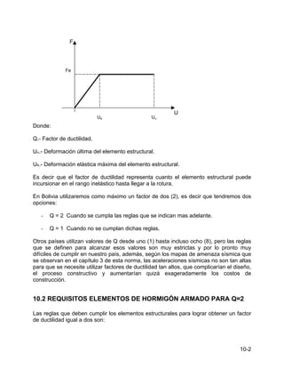 10-2
Donde:
Q.- Factor de ductilidad.
Uu.- Deformación última del elemento estructural.
Ue.- Deformación elástica máxima del elemento estructural.
Es decir que el factor de ductilidad representa cuanto el elemento estructural puede
incursionar en el rango inelástico hasta llegar a la rotura.
En Bolivia utilizaremos como máximo un factor de dos (2), es decir que tendremos dos
opciones:
- Q = 2 Cuando se cumpla las reglas que se indican mas adelante.
- Q = 1 Cuando no se cumplan dichas reglas.
Otros países utilizan valores de Q desde uno (1) hasta incluso ocho (8), pero las reglas
que se definen para alcanzar esos valores son muy estrictas y por lo pronto muy
difíciles de cumplir en nuestro país, además, según los mapas de amenaza sísmica que
se observan en el capítulo 3 de esta norma, las aceleraciones sísmicas no son tan altas
para que se necesite utilizar factores de ductilidad tan altos, que complicarían el diseño,
el proceso constructivo y aumentarían quizá exageradamente los costos de
construcción.
10.2 REQUISITOS ELEMENTOS DE HORMIGÓN ARMADO PARA Q=2
Las reglas que deben cumplir los elementos estructurales para lograr obtener un factor
de ductilidad igual a dos son:
F
U
Fe
Uu
Ue
 
