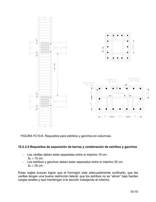 10-10
FIGURA FC10-6. Requisitos para estribos y ganchos en columnas.
10.2.3.5 Requisitos de separación de barras y combinación de estribos y ganchos
- Las varillas deben estar separadas entre sí máximo 15 cm.
Sb ≤ 15 cm.
- Los estribos y ganchos deben estar separados entre sí máximo 35 cm.
Se ≤ 35 cm.
Estas reglas buscan lograr que el hormigón este adecuadamente confinado, que las
varillas tengan una buena restricción lateral, que los estribos no se “abran” bajo fuertes
cargas axiales y que mantengan a la sección trabajando al máximo.
 