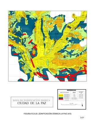 3-31
1000 0 1000 1000 Metros
N
ESC. 1:25000
ZONA SISMICA B
ZONA SISMICA C
SIN INFORMACION
ZONIFICACION SISMICA
ACELERACION
DEL SUELO
0.061 a 0.09
-
ZONA SISMICA E
REFERENCIAS
FALLA GEOLOGICA
(g)
0.091 a 0.12
0.151 a 0.20
-
AMENAZA
SISMICA
MEDIA
ALTA
MUY PELIGROSA
MUY PELIGROSA
ZONA SISMICA A 0.010 a 0.06
BAJA
MAPA DE ZONIFICACION SISMICA
SAN MIGUEL
DE CALACOTO
SERRANIAS LOS OLIVOS
URB.
EL VERGEL
KUPINI
SAN ISIDRO
BAJO SAN ISIDRO
MEJILLONES
VILLA LITORAL
URB. LAS RETAMAS
ALTO SEGUENCOMA
GRAMADAL
REYES
VIRGEN DE COPACABANA
CARVAJAL
AMOR DE DIOS
BAJO SEGUENCOMA
URB.S.PARIAMO
ZONA "C"
ZONA "B"
AZUL
PENA
REUBICADOS
SECTOR
"A"
ANEXO
"A"
NIEVES
LAS
ZONA "D"
IRPAVI BAJO
ALTO IRPAVI
URB.PENA AZUL
URB. LOS CLAVELES
KOANI
CIUDADELA STRONGUISTA
MESETA ACHUMANI
CALACOTO
ZONA "A"
SECTOR
JUDICIALES
LOS PINOS
CHASQUIPAMPA
KOKENI
COTA COTA
JARDIN
LOS ROSALES
LOMAS DEL SUR
LEONARDO
POMA
HUACOLLO
CLUB ALEMAN
JURENKO
KELLUMANI
VIOLETAS
PAMIR PAMPA
LA BARQUETA
23 DE MARZO
MADRES
CONCEPCIONISTAS
ACHUMANI
LAS KANTUTAS
EL PORVENIR
CONDORES
LAKOTA
MESETA
ESTE
LAS FLORES
FRANCIA
BRIKO
ALTO
ACHUMANI
AUQUISAMAÑA
LOS JARDINEROS
PEDREGAL
LOS ALMENDROS
EL PERIODISTA
EL PEDREGAL
LA GLORIETA
HUATAPATA
SAN JUAN
LOS SAUCES
LA RINCONADA
CALIRI
U
R
B
E
L
L
A
BOLONIA
SAN ALBERTO
CONDOMINIO
HUANU HUANUNI
V
E
N
T
IL
L
A
BELLA VISTA
SAN JUAN
OBRAJES
ALTO OBRAJES
AVENID
A
HERNANDO
SILES
AVENIDA BALLIVIAN
AV.
ARM
ANDO
ESCOBAR
URIA
CAMINO A CALLAPA
AVENID
A
JUAN MUÑOZ
REYES
CAMPUS
UNIVERSITARIO
AVENIDA COSTANERA
VELODROMO
COMPLEJO
DEPORTIVO
THE STRONGEST
AV
EN
ID
A
AC
H
U
M
AN
I
AVE
NID
A
JOS
E
MAR
IA
SAL
LEZ
FIGURA FC3-20. ZONIFICACIÓN SÍSMICA LA PAZ (4/5)
 