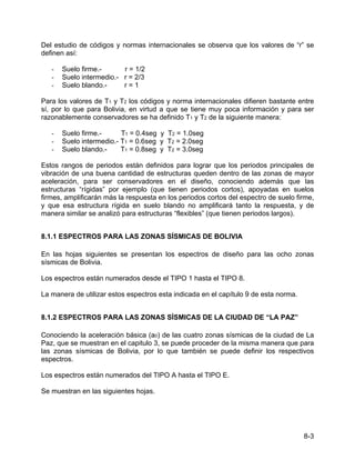 8-3
Del estudio de códigos y normas internacionales se observa que los valores de “r” se
definen así:
- Suelo firme.- r = 1/2
- Suelo intermedio.- r = 2/3
- Suelo blando.- r = 1
Para los valores de T1 y T2 los códigos y norma internacionales difieren bastante entre
sí, por lo que para Bolivia, en virtud a que se tiene muy poca información y para ser
razonablemente conservadores se ha definido T1 y T2 de la siguiente manera:
- Suelo firme.- T1 = 0.4seg y T2 = 1.0seg
- Suelo intermedio.- T1 = 0.6seg y T2 = 2.0seg
- Suelo blando.- T1 = 0.8seg y T2 = 3.0seg
Estos rangos de periodos están definidos para lograr que los periodos principales de
vibración de una buena cantidad de estructuras queden dentro de las zonas de mayor
aceleración, para ser conservadores en el diseño, conociendo además que las
estructuras “rígidas” por ejemplo (que tienen periodos cortos), apoyadas en suelos
firmes, amplificarán más la respuesta en los periodos cortos del espectro de suelo firme,
y que esa estructura rígida en suelo blando no amplificará tanto la respuesta, y de
manera similar se analizó para estructuras “flexibles” (que tienen periodos largos).
8.1.1 ESPECTROS PARA LAS ZONAS SÍSMICAS DE BOLIVIA
En las hojas siguientes se presentan los espectros de diseño para las ocho zonas
sísmicas de Bolivia.
Los espectros están numerados desde el TIPO 1 hasta el TIPO 8.
La manera de utilizar estos espectros esta indicada en el capítulo 9 de esta norma.
8.1.2 ESPECTROS PARA LAS ZONAS SÍSMICAS DE LA CIUDAD DE “LA PAZ”
Conociendo la aceleración básica (a0) de las cuatro zonas sísmicas de la ciudad de La
Paz, que se muestran en el capitulo 3, se puede proceder de la misma manera que para
las zonas sísmicas de Bolivia, por lo que también se puede definir los respectivos
espectros.
Los espectros están numerados del TIPO A hasta el TIPO E.
Se muestran en las siguientes hojas.
 