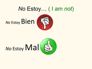No Estoy… ( I am not)
No Estoy Bien
No Estoy Mal
 