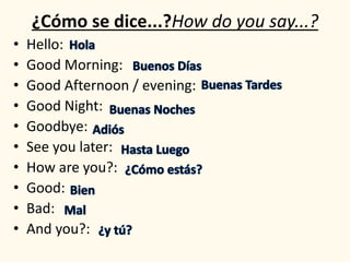 ¿Cómo se dice...?How do you say...?
• Hello:
• Good Morning:
• Good Afternoon / evening:
• Good Night:
• Goodbye:
• See you later:
• How are you?:
• Good:
• Bad:
• And you?:
 