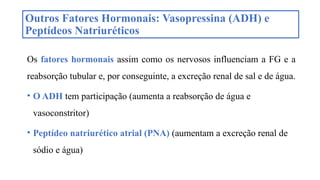 Outros Fatores Hormonais: Vasopressina (ADH) e
Peptídeos Natriuréticos
Os fatores hormonais assim como os nervosos influenciam a FG e a
reabsorção tubular e, por conseguinte, a excreção renal de sal e de água.
• O ADH tem participação (aumenta a reabsorção de água e
vasoconstritor)
• Peptídeo natriurético atrial (PNA) (aumentam a excreção renal de
sódio e água)
 