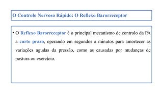 O Controlo Nervoso Rápido: O Reflexo Barorreceptor
• O Reflexo Barorreceptor é o principal mecanismo de controlo da PA
a curto prazo, operando em segundos a minutos para amortecer as
variações agudas da pressão, como as causadas por mudanças de
postura ou exercício.
 