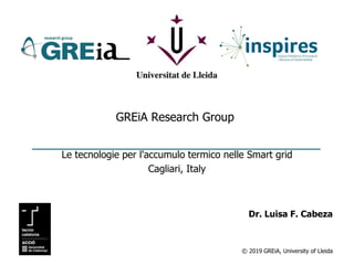 © 2019 GREiA, University of Lleida
GREiA Research Group
Le tecnologie per l'accumulo termico nelle Smart grid
Cagliari, Italy
Dr. Luisa F. Cabeza
 