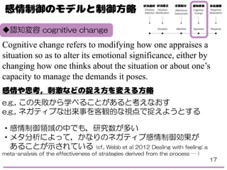 ◆認知変容 cognitive change
Cognitive change refers to modifying how one appraises a
situation so as to alter its emotional significance, either by
changing how one thinks about the situation or about one’s
capacity to manage the demands it poses.
e.g., この失敗から学べることがあると考えなおす
e.g., ネガティブな出来事を客観的な視点で捉えようとする
・感情制御領域の中でも，研究数が多い
・メタ分析によって，かなりのネガティブ感情制御効果が
あることが示されている (cf., Webb et al 2012 Dealing with feeling: a
meta-analysis of the effectiveness of strategies derived from the process … )
17
 