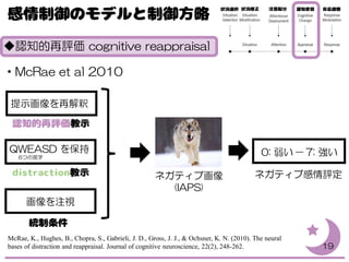 ◆認知的再評価 cognitive reappraisal
・McRae et al 2010
19
McRae, K., Hughes, B., Chopra, S., Gabrieli, J. D., Gross, J. J., & Ochsner, K. N. (2010). The neural
bases of distraction and reappraisal. Journal of cognitive neuroscience, 22(2), 248-262.
ネガティブ画像
(IAPS)
QWEASD を保持
提示画像を再解釈
画像を注視
ネガティブ感情評定
0: 弱い －7: 強い6つの英字
 