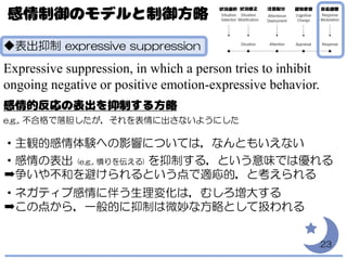 ◆表出抑制 expressive suppression
Expressive suppression, in which a person tries to inhibit
ongoing negative or positive emotion-expressive behavior.
e.g., 不合格で落胆したが，それを表情に出さないようにした
・主観的感情体験への影響については，なんともいえない
・感情の表出 (e.g., 憤りを伝える) を抑制する，という意味では優れる
➡争いや不和を避けられるという点で適応的，と考えられる
・ネガティブ感情に伴う生理変化は，むしろ増大する
➡この点から，一般的に抑制は微妙な方略として扱われる
23
 