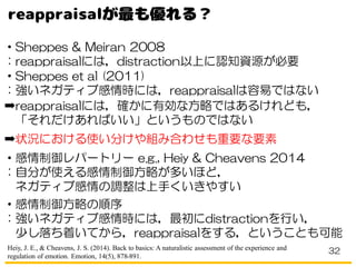 ・Sheppes & Meiran 2008
：reappraisalには，distraction以上に認知資源が必要
・Sheppes et al (2011)
：強いネガティブ感情時には，reappraisalは容易ではない
➡reappraisalには，確かに有効な方略ではあるけれども，
「それだけあればいい」というものではない
➡状況における使い分けや組み合わせも重要な要素
・感情制御レパートリー e.g., Heiy & Cheavens 2014
：自分が使える感情制御方略が多いほど，
ネガティブ感情の調整は上手くいきやすい
・感情制御方略の順序
：強いネガティブ感情時には，最初にdistractionを行い，
少し落ち着いてから，reappraisalをする，ということも可能
32Heiy, J. E., & Cheavens, J. S. (2014). Back to basics: A naturalistic assessment of the experience and
regulation of emotion. Emotion, 14(5), 878-891.
 