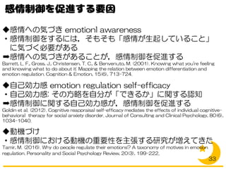 ◆感情への気づき emotionl awareness
・感情制御をするには，そもそも「感情が生起していること」
に気づく必要がある
➡感情への気づきがあることが，感情制御を促進する
Barrett, L. F., Gross, J., Christensen, T. C., & Benvenuto, M. (2001). Knowing what you're feeling
and knowing what to do about it: Mapping the relation between emotion differentiation and
emotion regulation. Cognition & Emotion, 15(6), 713-724.
◆自己効力感 emotion regulation self-efficacy
・自己効力感: その方略を自分が「できるか」に関する認知
➡感情制御に関する自己効力感が，感情制御を促進する
Goldin et al. (2012). Cognitive reappraisal self-efficacy mediates the effects of individual cognitive-
behavioral therapy for social anxiety disorder. Journal of Consulting and Clinical Psychology, 80(6),
1034-1040.
◆動機づけ
・感情制御における動機の重要性を主張する研究が増えてきた
Tamir, M. (2016). Why do people regulate their emotions? A taxonomy of motives in emotion
regulation. Personality and Social Psychology Review, 20(3), 199-222.
33
 
