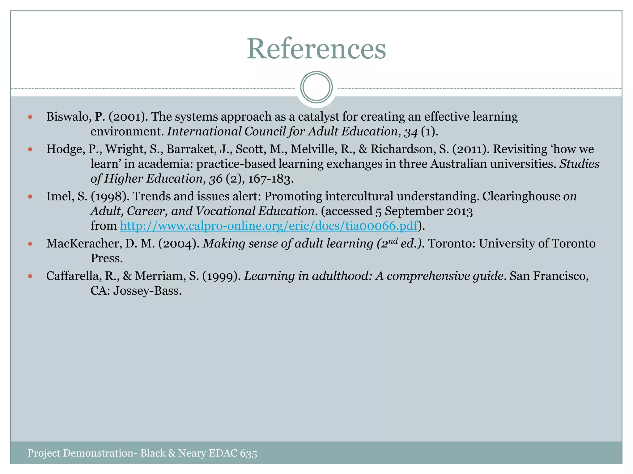 References









Biswalo, P. (2001). The systems approach as a catalyst for creating an effective learning
environment. International Council for Adult Education, 34 (1).
Hodge, P., Wright, S., Barraket, J., Scott, M., Melville, R., & Richardson, S. (2011). Revisiting „how we
learn‟ in academia: practice-based learning exchanges in three Australian universities. Studies
of Higher Education, 36 (2), 167-183.
Imel, S. (1998). Trends and issues alert: Promoting intercultural understanding. Clearinghouse on
Adult, Career, and Vocational Education. (accessed 5 September 2013
from http://www.calpro-online.org/eric/docs/tia00066.pdf).
MacKeracher, D. M. (2004). Making sense of adult learning (2nd ed.). Toronto: University of Toronto
Press.
Caffarella, R., & Merriam, S. (1999). Learning in adulthood: A comprehensive guide. San Francisco,
CA: Jossey-Bass.

Project Demonstration- Black & Neary EDAC 635

 
