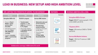 Group STRATEGY Cost and Portfolio Transformation Lead in business Superior Production Model Europe Germany T-Mobile USA Finance
lead in business: new setup and high ambition level
Strengthen B2B in EU
 Focus on Fixed +
Mobile + Cloud
service offers
& bundles
 International product
launches: Cloud,
VPN, M2M best-
coverage
 Establish innovative
G2M and partnership
programs
German SME initiative
 Nationwide sales and
service presence
 One-stop-shop
product portfolio
including customized
bundle offers
 Focus business
initiatives:
IT Cloud, M2M,
DeutschlandLAN
TSI 2015+ program
 Transformation
program incl. new
setup with 3 divisions:
IT, TC, Digital
 Group wide initiative
to strengthen the Int’l
TC Business
 Growth focus on
digital innovation
areas like Cloud, Big
Data, M2M
Collaborative coverage of B2B clients EU and D
Examples
B2B: UNIFYING THE STRENGTHS OF EUROPE, TSI AND GERMANY PARTNERS REVENUE AMBITION LEVEL (€ BN)
Europe GermanyTSI
Strengthen B2B in Europe:
Target: B2B/ICT revenue growth >12%
in EU (CAGR until 2018)
German Mid Market initiative:
Target: + €0.4 bn IT revenue in SME
(until 2018)
T-Systems 2015+:
Target: ≈3% revenue CAGR in TSI MU
until 2018
23
 