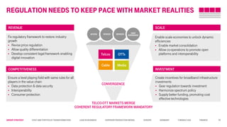 Group STRATEGY Cost and Portfolio Transformation Lead in business Superior Production Model Europe Germany T-Mobile USA Finance
Regulation needs to keep pace with market realities
Enable scale economies to unlock dynamic
efficiencies
 Enable market consolidation
 Allow co-operations to promote open
platforms and interoperability
SCALE
TELCO-OTT MARKETS MERGE
COHERENT REGULATORY FRAMEWORK MANDATORY
ACCESS DEVICES SERVICES
USER
EXPERIENCE
INVESTMENT
REVENUE
Fix regulatory framework to restore industry
growth
 Revise price regulation
 Allow quality differentiation
 Develop consistent legal framework enabling
digital innovation
COMPETITIVENESS
Ensure a level playing field with same rules for all
players in the value chain
 Data protection & data security
 Interoperability
 Consumer protection
Create incentives for broadband infrastructure
investments
 Gear regulation towards investment
 Harmonize spectrum policy
 Supply better funding, promoting cost
effective technologies
CONVERGENCE
Telcos OTTs
Cable Media
26
 