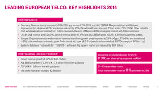 Group STRATEGY Cost and Portfolio Transformation Lead in business Superior Production Model Europe Germany T-Mobile USA Finance
LEADING European TELCO: KEY highlights 2014
9
 Germany: Revenue trends improved (-0.8% 2014 yoy versus -1.3% 2013 yoy). Adj. EBITDA Margin stabilized at 40% level.
Improvement in all relevant KPIs: line losses reduced by 25%, Broadband losses stopped. TV net adds +26% (265k), Fiber net adds
(incl. wholesale) almost doubled to 1 million. Successful launch of Magenta EINS converged product with 506k customers.
 US : In US$ revenue grows 20.3%, service revenue grows 17.1% and adj. EBITDA grows 10.3%. 8.3 million customers added.
 Europe: Ongoing revenue transformation - revenue share from growth areas improved to 25% (+2pp) , TV (+6%) and broadband
(+6%) customer base continue to grow. Reduction of adj. opex (€-0.6 bn) results in improved adj. EBITDA margin of 34% (+1pp).
 Systems Solutions: First results for “TSI 2015+” achieved. Adj. opex in market unit reduced by €0.4 billion.
2014 HIGHLIGHTS
 Group revenue growth of 4.2% to €62.7 billion
 Adj. EBITDA growth of 0.8% to €17.6 billion in line with guidance
 FCF of €4.1 billion in line with guidance
 Net profit more than tripled to €2.9 billion
2014 FINANCIAL HIGHLIGHTS GROUP Delivering on dividend policy for 2014:
0.50€ per share to be proposed to AGM
2014 Shareholder return:
Total shareholder return of 11%achieved in 2014
 
