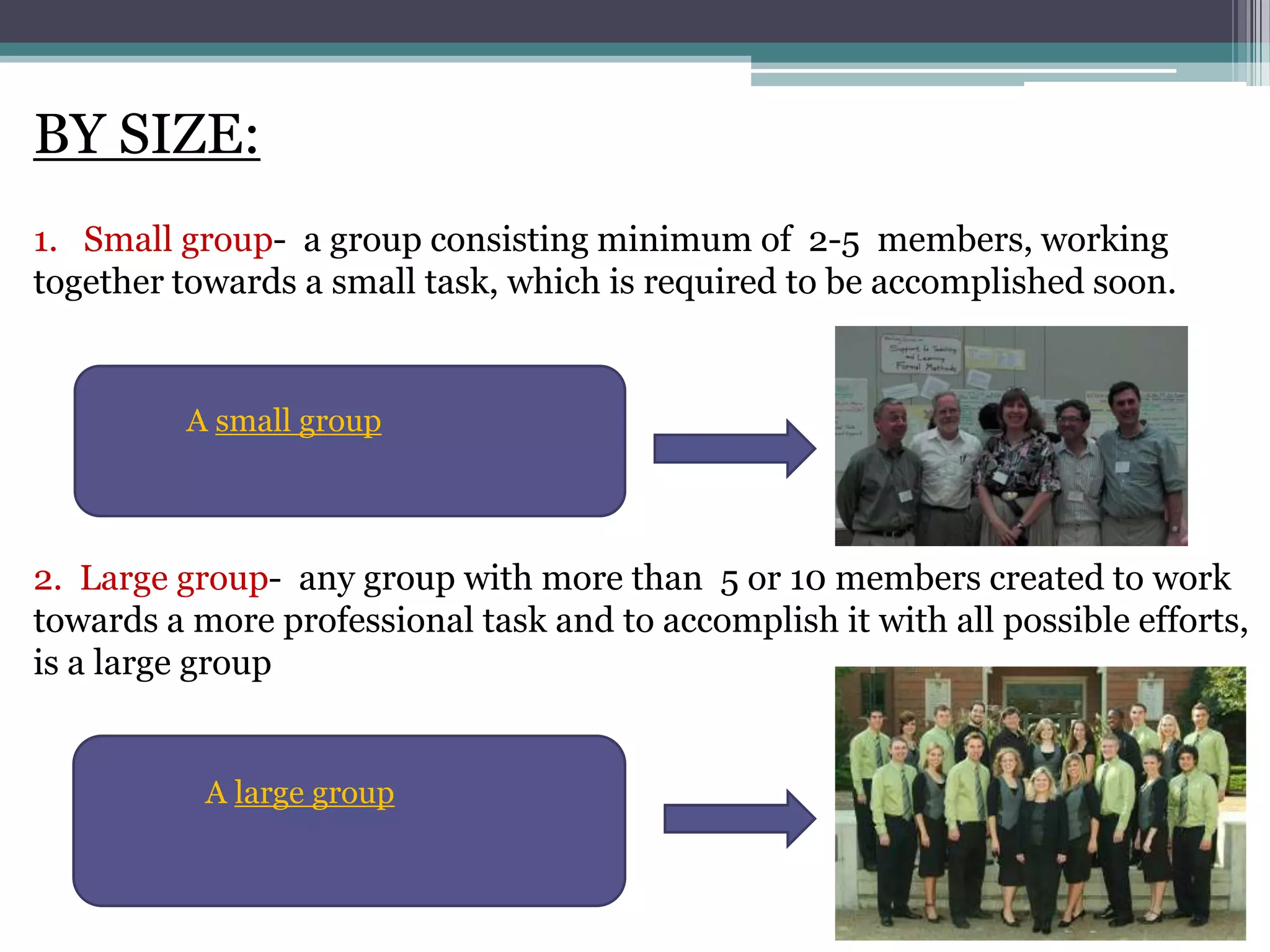 BY SIZE:
1. Small group- a group consisting minimum of 2-5 members, working
together towards a small task, which is required to be accomplished soon.


          A small group



2. Large group- any group with more than 5 or 10 members created to work
towards a more professional task and to accomplish it with all possible efforts,
is a large group


           A large group
 