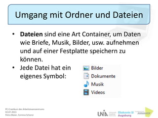 PC-Crashkurs des Arbeitslosenzentrums
02.07.2013
Petra Maier, Corinna Scherer
Umgang mit Ordner und Dateien
• Dateien sind eine Art Container, um Daten
wie Briefe, Musik, Bilder, usw. aufnehmen
und auf einer Festplatte speichern zu
können.
• Jede Datei hat ein
eigenes Symbol:
 