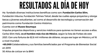 RESULTADOS AL DÍA DE HOY
Ha fundado diversas instituciones benéficas como son: Fundación Carlos Slim,
Fundación Inbursa, Fundación Telmex Telcel, desde las cuáles apoya proyectos y otorga
becas a jóvenes estudiantes, así como al desarrollo de tecnología y conservación del
patrimonio como Fundación Centro Histórico.
Cuenta con el Museo Soumaya
Impulsa proyectos deportivos y servicios médicos para quienes no tienen acceso a ellos.
Carlos Slim Helú, es el hombre más rico de México, según la lista de Forbes de este
2021. Con una fortuna de 62.8 mil millones de dólares, ocupa ese lugar en México y el 16
a nivel mundial.
+60,000 Colaboradores y sus familias beneficiados por el Programa de Bienestar Social
en 2019
30 Años de cotizar en la BMV
 
