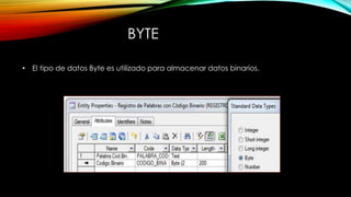 BYTE
• El tipo de datos Byte es utilizado para almacenar datos binarios.
 