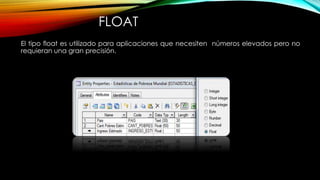 FLOAT
El tipo float es utilizado para aplicaciones que necesiten números elevados pero no
requieran una gran precisión.
 
