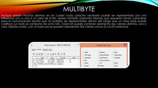 MULTIBYTE
Aunque existen muchos idiomas en los cuales cada carácter necesario puede ser representado por una
referencia uno a uno a un valor de 8 bits, existen también bastantes idiomas que requieren tantos caracteres
para la comunicación escrita que no pueden ser representados dentro del rango que un mero byte puede
codificar (un byte se compone de ocho bits. Cada bit puede contener solamente dos valores distintos, uno o
cero. Debido a esto, con un byte solo se pueden representar 256 valores únicos (2 a la 8ª potencia).
 