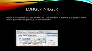 LONGER INTEGER
Similar a la variable de tipo entero; es una variable numérica que puede tomar
valores positivos o negativos, y sin parte decimal.
 