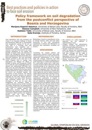 Policy framework on soil degradation
from the postconflict perspective of
Bosnia and Herzegovina
Marijana Kapović Solomun, University of Banja Luka, Faculty of Forestry, B&H
Eleanor Campbell, University of New Hampshire, USA
Radislav Tošić, University of Banja Luka, faculty of Science, B&H
Saša Eremija, Institute of Forestry, Serbia
Fig. 1: Administrative structure of BiH
METHODOLOGY
Methodology is based on comprehensive review
of existing national, entity and local policy
frameworks in line with international
commitments of Bosnia and Herzegovina in
addressing land degradation (including soil
erosion).
CONCLUSIONS
• The existence of a policy framework is
important, but not sufficient if
implementation is weak;
• Complex political and administrative
structures complicate implementation of
SLM, including combat soil erosion;
• Stronger cooperation between science and
policy on national and international level
(e.g. COST Actions), is needed to improve
land data exchange and the usage of
scientific knowledge to address land
degradation, such as soil erosion, through
the introduction of new SLM;
• Raising awareness and knowledge is
important, especially at the local level.
Fig. 2: Governance structure of BiH
Land owners/users
Regional/International bodies
National governments
Local governments
COOPERATION
INTRODUCTION
Land degradation (LD) and associated soil
erosion is an important challenge in Bosnia
and Herzegovina (BiH) due to unsustainable
land management ongoing for the last 25
years. BiH is a sovereign state with
parliamentary state regulation and a
decentralized political and administrative
structure. Land and land resources are under
exclusive jurisdiction of two entities (the
Republic of Srpska Entity and Federation of
Bosnia and Herzegovina Entity); therefore,
land is regulated by the Entity-level rather than
State-level legislation. The only land-related
strategic document at the state level is the
Action Program (AP) to Combat Land
Degradation and Mitigate the Effects of
Drought in Bosnia and Herzegovina (UNEP,
2017), while the main strategic documents are
adopted and implemented on entity level.
Since 2016, the Land Degradation Neutrality
(LDN) Target Setting Process has been started
in B&H (separately by entities), whereby main
LD drivers are identified together with
assessment of land resources, and wherein
targets and associate measures are planned
separately by each entity (Kapović Solomun,
2018; Čustović and Ljuša, 2018). Moreover,
land monitoring systems have not been
developed, so there are no exact data,
complicating any estimation related to
conditions of land resources in BiH, including
soil erosion. Furthermore, the implementation
of the existing policy framework is challenging
under such a complex political and
administrative structure. Policy and legal
frameworks often mainstream sustainable land
management (SLM) practices, but significant
barriers exist for their effective
implementation (Kapović Solomun et al.,
2018).
DISCUSSION
Considering the complex political and
administrative structure of BiH, where land-
related competences are at the entity level, the
appropriate implementation of the existing
legal and strategic framework and their
synchronization and mutual co-ordination is of
great importance to combat land degradation.
As a post-conflict society with a weak socio-
economic situation, BiH is often faced with the
misunderstanding of the importance of land
conservation, not only by decision makers but
also by the population itself. Also, Civil War
contributed to the destruction of valuable data,
which implies the need for further research to
update what has been done in the past Century.
Land related issues most often rely on the
academic community and non-governmental
organizations, particularly in regards to
understanding the consequences of soil erosion
and soil degradation. Implementation of the
legal framework is not effective, and the system
of control often fails. The lack of data on land
erosion as well as land monitoring makes it
difficult to assess real land condition and to
define priorities. Also, the existing land use
planning system differs between entities and
cantons in FBiH. Thus, the complexity of the
legislative and strategic framework also creates
complexity in approaches and
implementations. In an environment with
rising corruption, this presents a significant
challenge to reduce, restore and reverse land
degradation, starting from the local to the
entity level and state level. This research has
shown that political and administrative
organizations have a significant influence on
the implementation of land-related legal and
strategic frameworks. In addition, the socio-
economic impact of land perception is of great
importance.
 