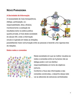 NOVO PARADIGMA

A Sociedade da Informação
A necessidade de mais transparência,
diálogo, participação, co-
responsabilidade, ética, eficácia,
monitoramento e avaliação de
resultados tanto na esfera pública
quanto privada, é fruto desta sociedade
do século XXI, onde a informação
circula e é gerada em todas as direções,
possibilitando maior comunicação entre as pessoas e tecendo uma vigorosa teia
de relações.

Sobre redes e conexões


                                     Nesta sociedade em que se melhor visualiza as
                                     redes e conexões entre os humanos não se
                                     delega poder e sim se distribui
                                     responsabilidades em torno de objetivos
                                     comuns.
                                     Conforme o fluxo das informações e das
                                     conexões construídas, o desenho dessa rede
                                     vai se alterando de estruturas centralizadas




                                                                                    9
 