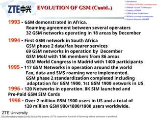 ZTE University
The information contained in the file is solely property of ZTE corporation. Any kind of disclosing without permission is prohibited.
EVOLUTION OF GSM (Contd..)
EVOLUTION OF GSM (Contd..)
1993 - GSM demonstrated in Africa.
Roaming agreement between several operators
32 GSM networks operating in 18 areas by December
1994 - First GSM network in South Africa
GSM phase 2 data/fax bearer services
69 GSM networks in operation by December
GSM MoU with 156 members from 86 areas
GSM World Congress in Madrid with 1400 participants
1995 - 117 GSM Networks in operation around the world
Fax, data and SMS roaming were implemented.
GSM phase 2 standardization completed including
adaptation for GSM 1900. 1st GSM 1900 network in US
1996 - 120 Networks in operation. 8K SIM launched and
Pre-Paid GSM SIM Cards
1998 - Over 2 million GSM 1900 users in US and a total of
120 million GSM 900/1800/1900 users worldwide.
 