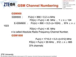 ZTE University
The information contained in the file is solely property of ZTE corporation. Any kind of disclosing without permission is prohibited.
GSM Channel Numbering
GSM900
GSM900 ： FU(n) = 890 + 0.2n MHz
FD(n) = Fu(n) + 45 MHz ， 1  n  124
E-GSM900 ： FU(n) = 890 + 0.2(n-1024) ， 974  n 
1023
FD(n) = Fu(n) + 45 MHz
n is called Absolute Radio Frequency Channel Number.
GSM1800
Fu(n) = 1710.2 + 0.2(n-512) MHz
FD(n) = Fu(n) + 95 MHz ，512  n  885
374 channels
 