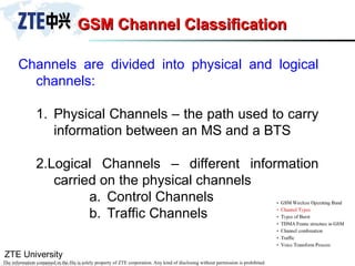 ZTE University
The information contained in the file is solely property of ZTE corporation. Any kind of disclosing without permission is prohibited.
GSM Channel Classification
GSM Channel Classification
Channels are divided into physical and logical
channels:
1. Physical Channels – the path used to carry
information between an MS and a BTS
2.Logical Channels – different information
carried on the physical channels
a. Control Channels
b. Traffic Channels
 