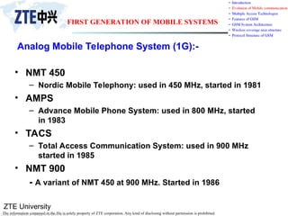 ZTE University
The information contained in the file is solely property of ZTE corporation. Any kind of disclosing without permission is prohibited.
Analog Mobile Telephone System (1G):-
• NMT 450
– Nordic Mobile Telephony: used in 450 MHz, started in 1981
• AMPS
– Advance Mobile Phone System: used in 800 MHz, started
in 1983
• TACS
– Total Access Communication System: used in 900 MHz
started in 1985
• NMT 900
- A variant of NMT 450 at 900 MHz. Started in 1986
FIRST GENERATION OF MOBILE SYSTEMS
 