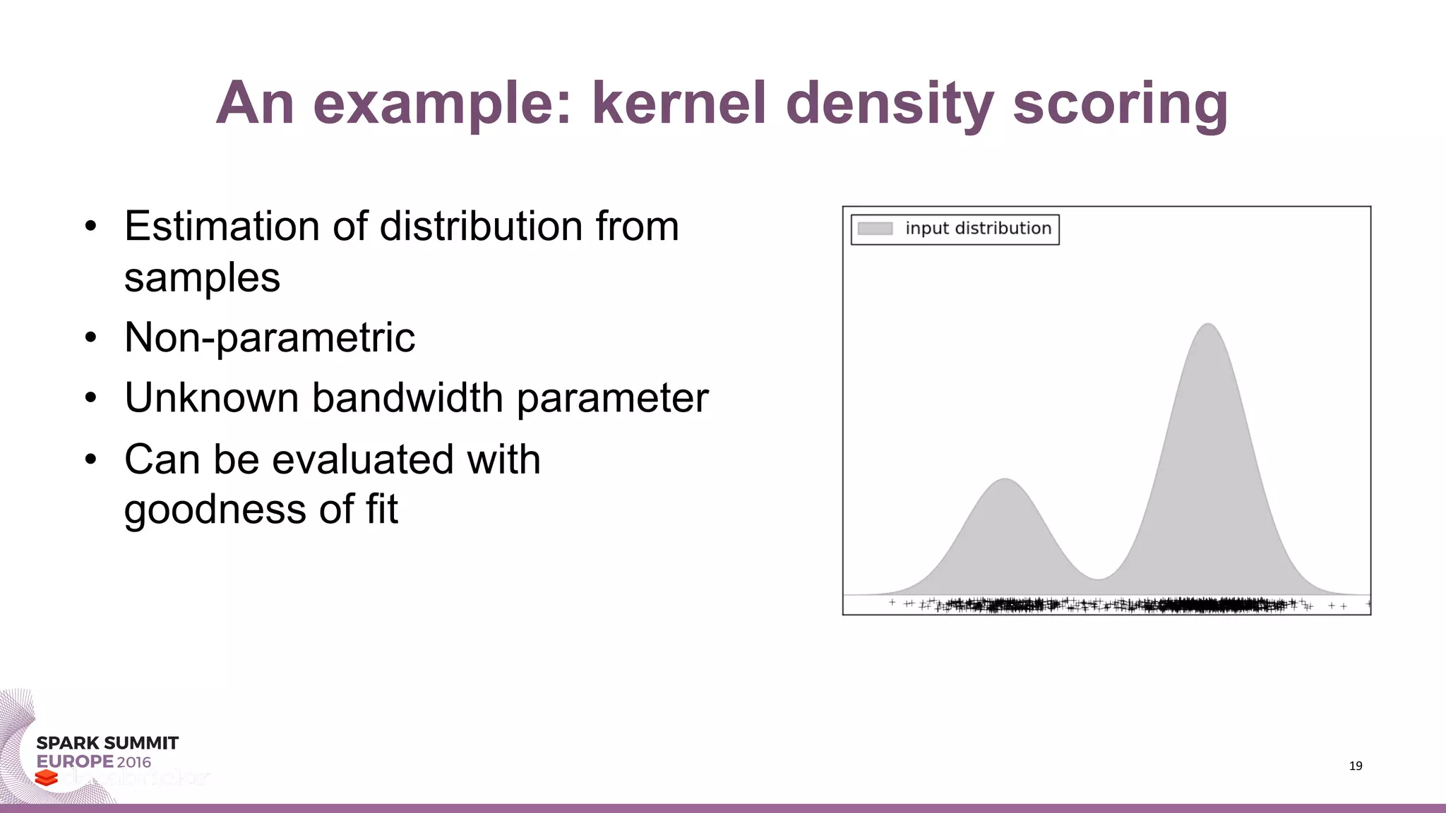 An example: kernel density scoring
• Estimation of distribution from
samples
• Non-parametric
• Unknown bandwidth parameter
• Can be evaluated with
goodness of fit
19
 