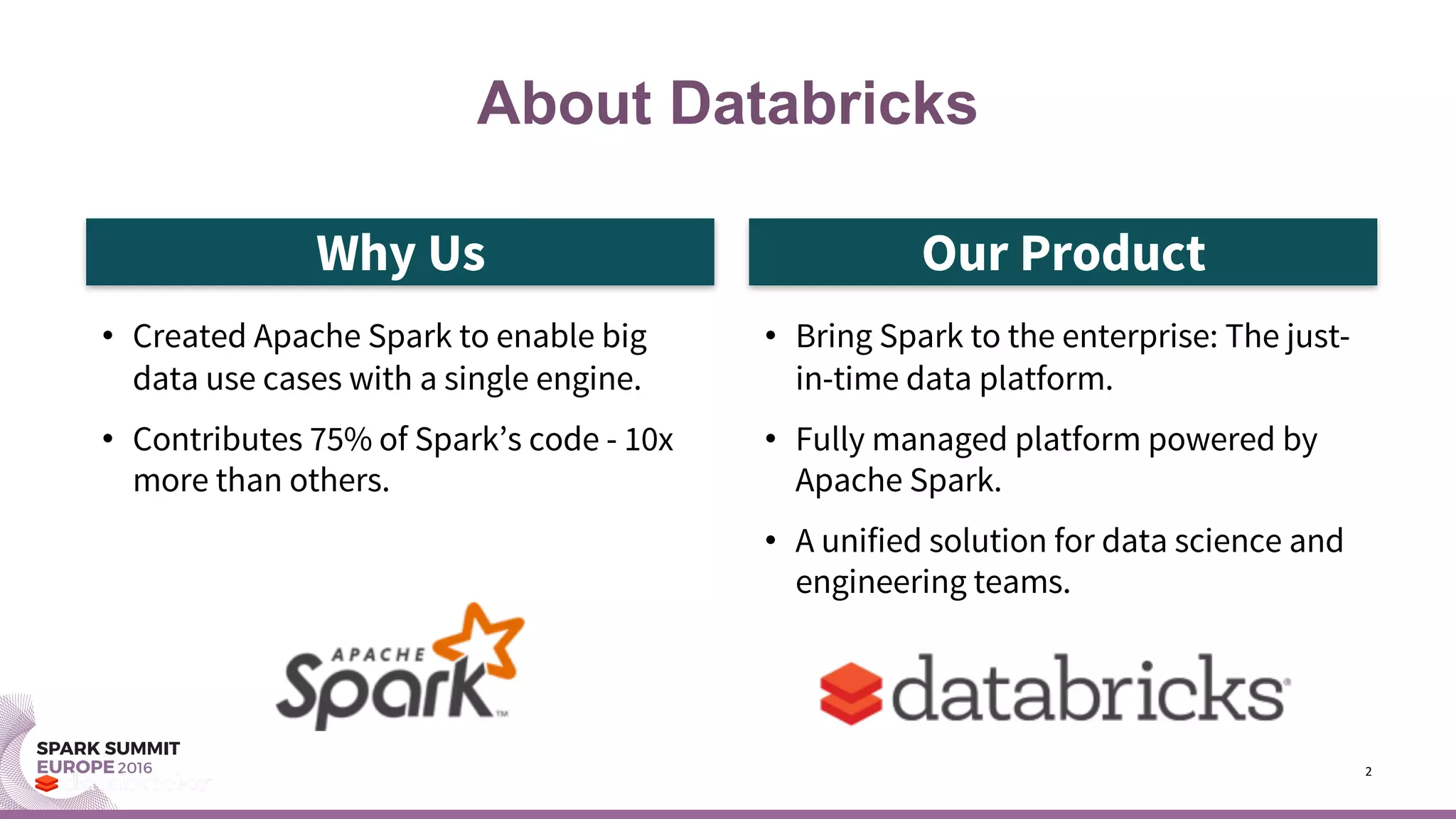 About Databricks
2
Why Us Our Product
• Created Apache Spark to enable big
data use cases with a single engine.
• Contributes 75% of Spark’s code - 10x
more than others.
• Bring Spark to the enterprise: The just-
in-time data platform.
• Fully managed platform powered by
Apache Spark.
• A unified solution for data science and
engineering teams.
 