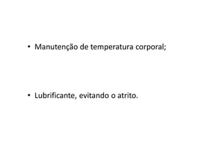 • Manutenção de temperatura corporal;




• Lubrificante, evitando o atrito.
 
